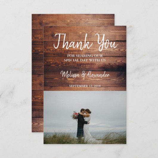 暗素朴いバーンドウッド写真ありがとうござ結婚う サンキューカード (正面/裏面)