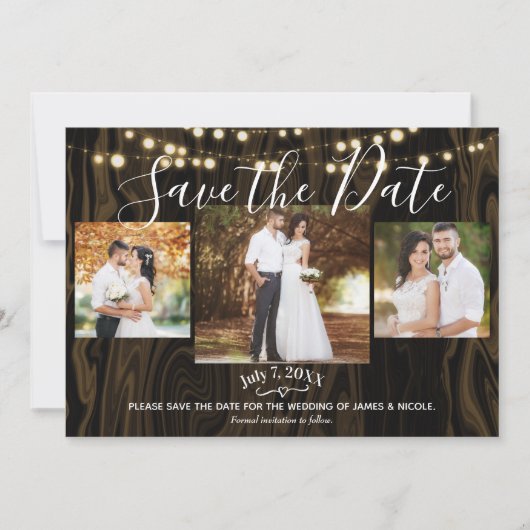 暗素朴い木材とライト写真の日付を保存 招待状 (正面)