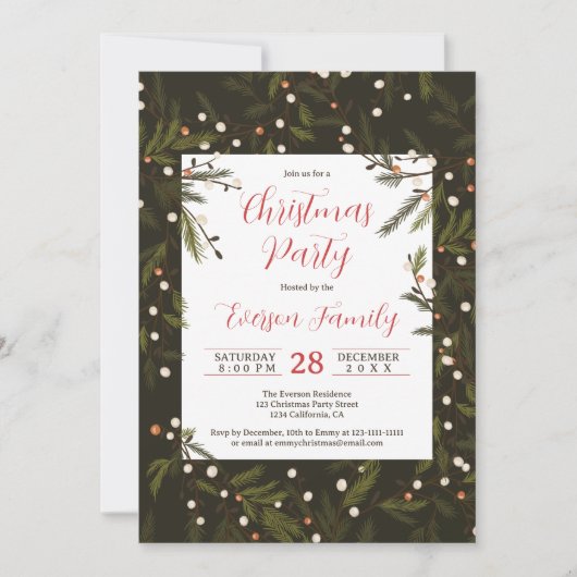 暗素朴い松の枝のクリスエレガントマスパーティー 招待状 (正面)