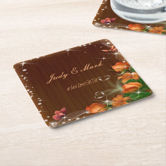 暗素朴色のフローラバタフライ結婚ズ スクエアペーパーコースター (アングル)