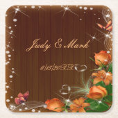 暗素朴色のフローラバタフライ結婚ズ スクエアペーパーコースター (正面)