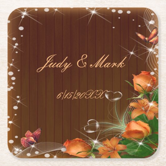 暗素朴色のフローラバタフライ結婚ズ スクエアペーパーコースター (正面)