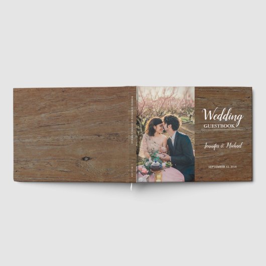 暗素朴色の木の花嫁と新郎の写真結婚の再生 ゲストブック (全面)