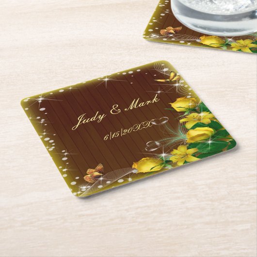 暗素朴色木黄フローラバタフライ結婚ズ スクエアペーパーコースター (アングル)