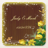 暗素朴色木黄フローラバタフライ結婚ズ スクエアペーパーコースター (正面)