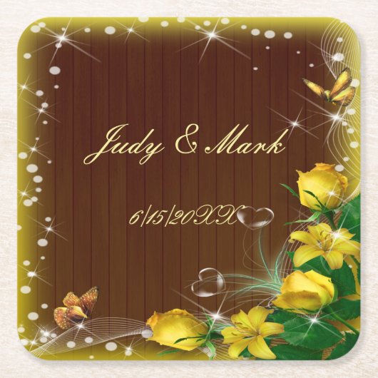 暗素朴色木黄フローラバタフライ結婚ズ スクエアペーパーコースター (正面)