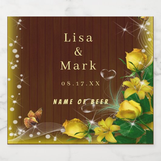 暗素朴色木黄フローラバタフライ結婚ズ ビールラベル (シングルラベル)