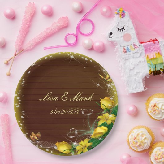 暗素朴色木黄フローラバタフライ結婚ズ ペーパープレート (パーティー)