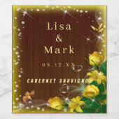 暗素朴色木黄フローラバタフライ結婚ズ ワインラベル (シングルラベル)