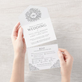 暗結婚灰色の白モノグラム離れ オールインワン招待状