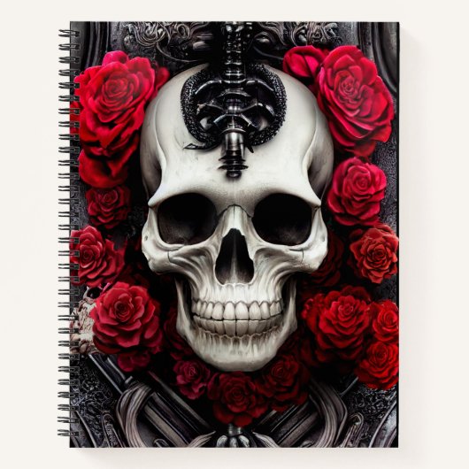 暗色とゴシックのスカルとバラの壁画 ノートブック (正面)