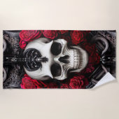 暗色とゴシックのスカルとバラの壁画 ビーチタオル (正面)