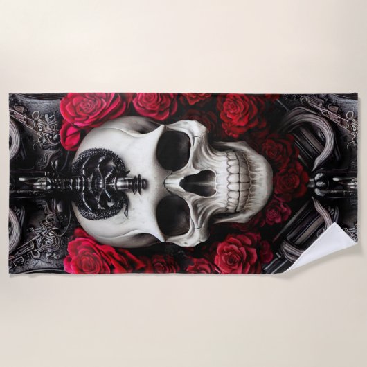 暗色とゴシックのスカルとバラの壁画 ビーチタオル (正面)