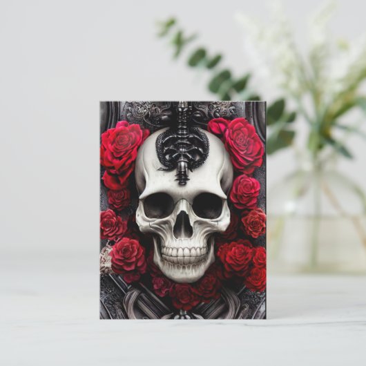 暗色とゴシックのスカルとバラの壁画 ポストカード (スタンド正面)