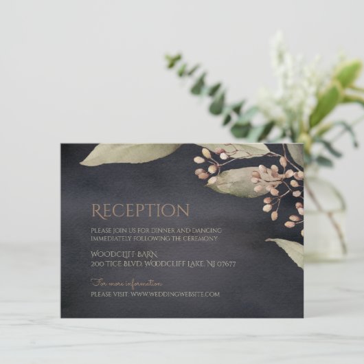 暗色植物性の緑のヴィンテージ素朴披露宴 招待状 (スタンド正面)