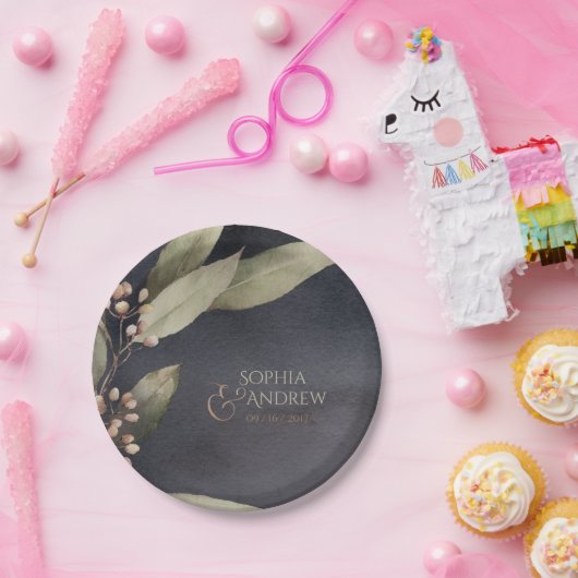 暗色植物性の緑のヴィンテージ素朴結婚性 ペーパープレート (パーティー)