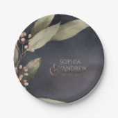 暗色植物性の緑のヴィンテージ素朴結婚性 ペーパープレート (正面)