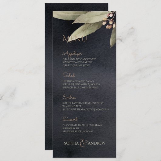 暗色植物性の緑のヴィンテージ素朴結婚性 メニュー (正面/裏面)