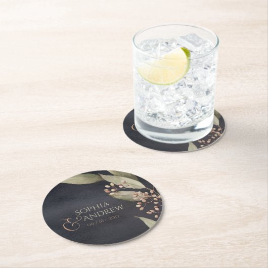 暗色植物性の緑のヴィンテージ素朴結婚性 ラウンドペーパーコースター (インサイチュ)