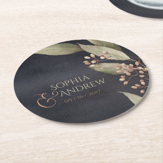 暗色植物性の緑のヴィンテージ素朴結婚性 ラウンドペーパーコースター (アングル)