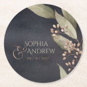 暗色植物性の緑のヴィンテージ素朴結婚性 ラウンドペーパーコースター (正面)