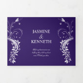 暗華美紫の上で白いフローラが渦巻結婚く 三つ折り招待状 (カバー)