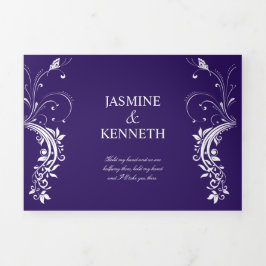 暗華美紫の上で白いフローラが渦巻結婚く 三つ折り招待状