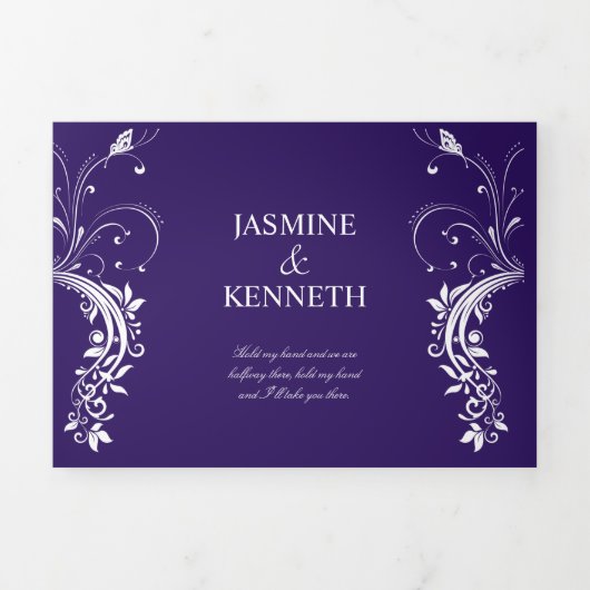 暗華美紫の上で白いフローラが渦巻結婚く 三つ折り招待状 (カバー)