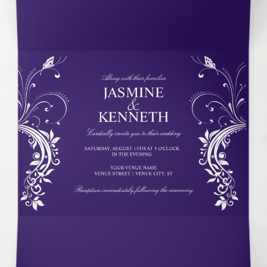 暗華美紫の上で白いフローラが渦巻結婚く 三つ折り招待状 (内部中)