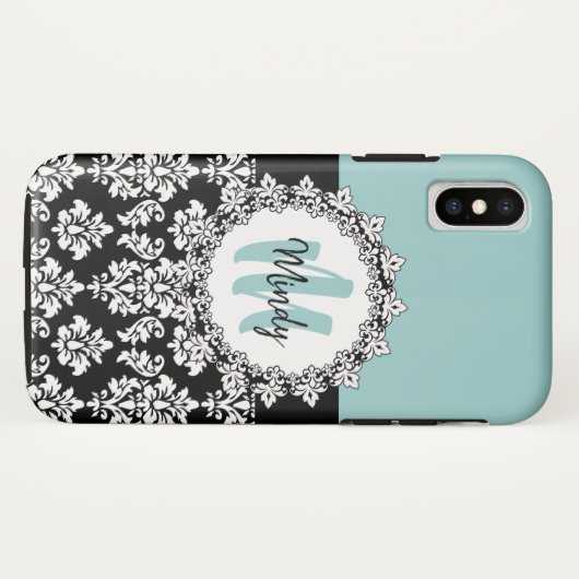 暗藍色のダマスク織手の教養があるモノグラムの名前 Case-Mate iPhoneケース (裏面(横))