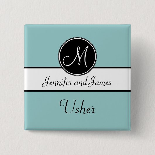 暗藍色のモノグラムの結婚式の案内係ボタン 缶バッジ (正面)