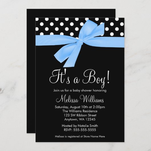 暗藍色の弓水玉模様のベビーシャワー招待状 招待状 (正面/裏面)