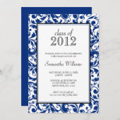 暗藍色の渦巻のダマスク織の卒業の発表 招待状 (正面/裏面)