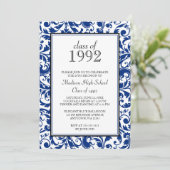 暗藍色の渦巻のダマスク織の同窓会の招待状 招待状 (スタンド正面)