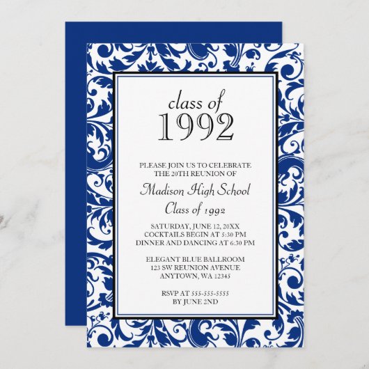 暗藍色の渦巻のダマスク織の同窓会の招待状 招待状 (正面/裏面)