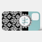 暗藍色の（紋章の）フラ・ダ・リのダマスク織のモノグラム Case-Mate iPhoneケース (裏面 (横))