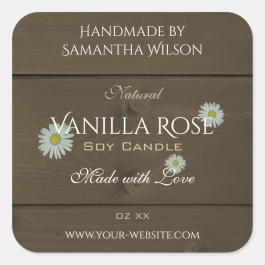 暗褐色のモダン木目の製品ラベルデイジー スクエアシール (正面)