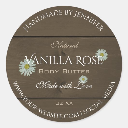 暗褐色のモダン木目の製品ラベルデイジー ラウンドシール (正面)