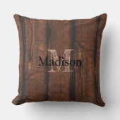 暗褐色の古素朴い木材モノグラム クッション (正面)