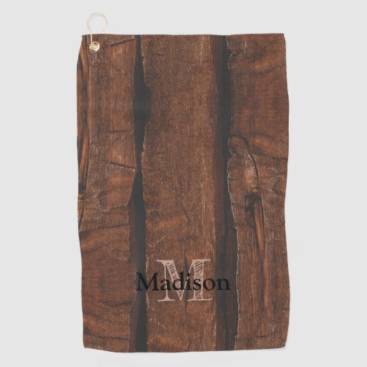 暗褐色の古素朴い木材モノグラム ゴルフタオル (正面)