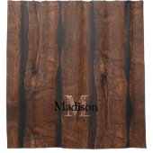 暗褐色の古素朴い木材モノグラム シャワーカーテン (正面)