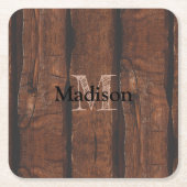 暗褐色の古素朴い木材モノグラム スクエアペーパーコースター (正面)