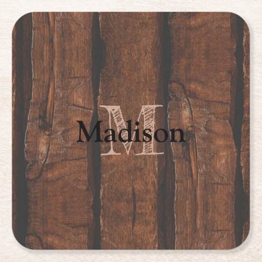 暗褐色の古素朴い木材モノグラム スクエアペーパーコースター (正面)