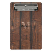 暗褐色の古素朴い木材モノグラム ミニクリップボード (正面)