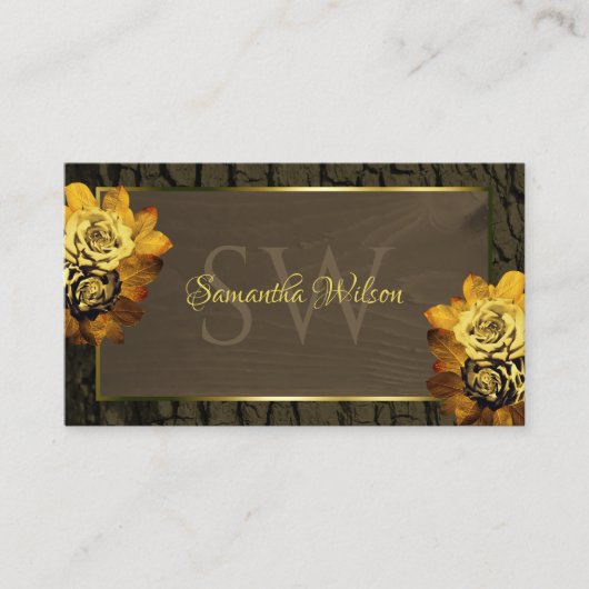 暗褐色の素朴木目の木の樹皮モノグラム 名刺 (正面)