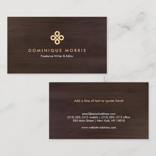 暗褐色エレガントの木目に金ゴールドクローバーのロゴ 名刺 (正面/裏面)