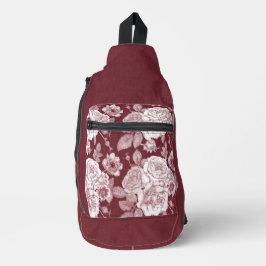 暗赤と白い手描き花 スリングバッグ