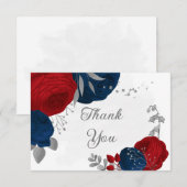暗赤色と海軍の花silver botants結婚の サンキューカード (正面/裏面)