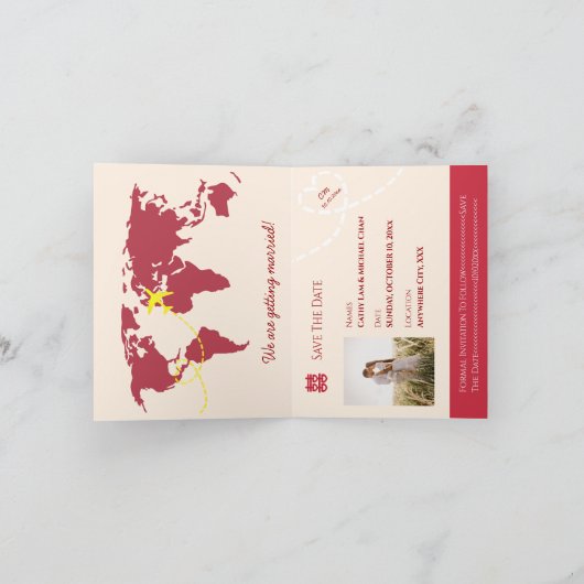 暗赤色の中国のパスポ結婚ートが日付を保存する 案内状 (内部)