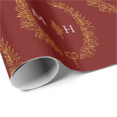 暗赤色の葉楕円形モノグラムスケッチ金ゴールド ラッピングペーパー (ロールコーナー)